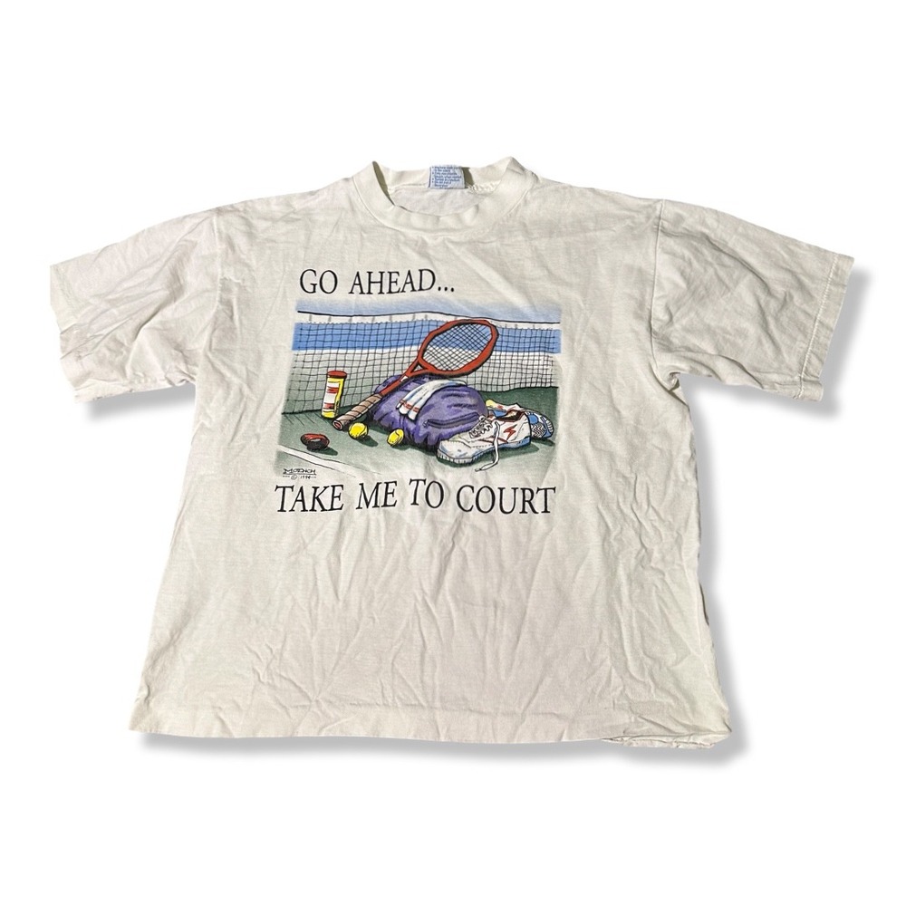 Tennis T-Shirt Men Large White Excellent Vintage 90s Take Me To Court Tennis USA